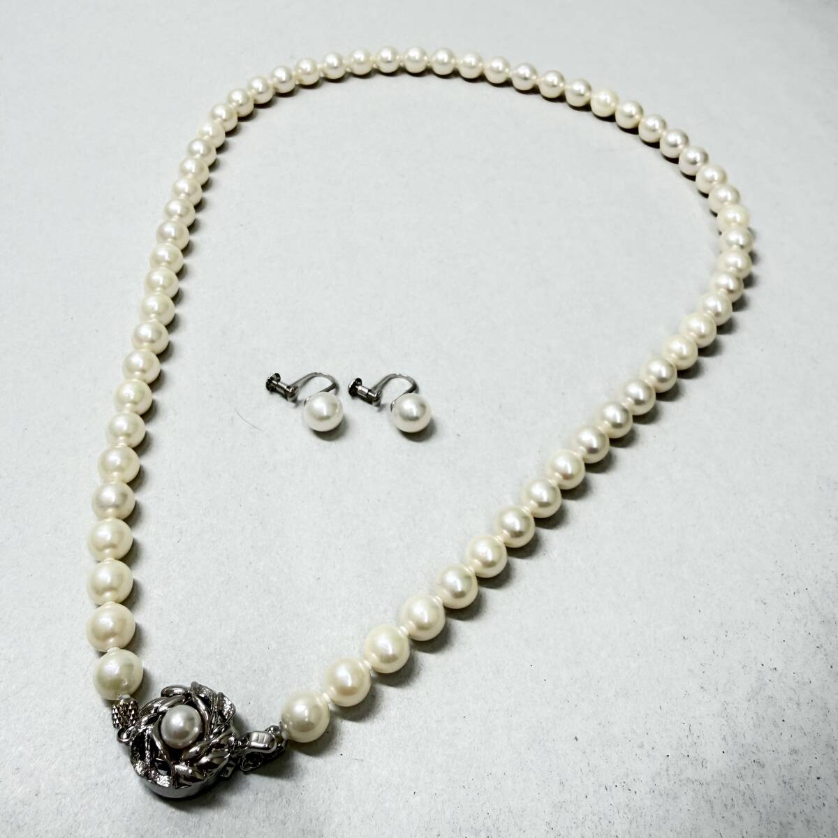 1円〜【6.5~7.0mm】アコヤ真珠 45cm ホワイト ネックレス イヤリング 本真珠 アクセサリー SILVER WG14K あこや パール 現状品
