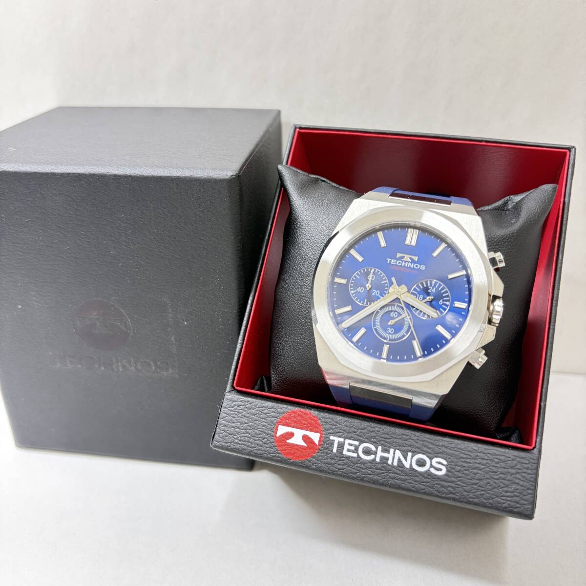 1円〜 稼働 美品TECHNOS テクノス 腕時計 T9C18シリーズ メンズ クォーツ ラバーベルト クロノグラフ ブルー 青