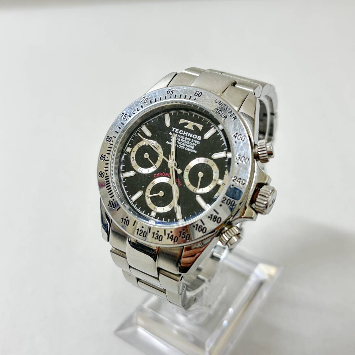 1円〜 稼働品 TECHNOS テクノス クロノグラフ ブラック文字盤 TSM401 メンズ 腕時計 メンズ シルバー 純正ベルト 現状品