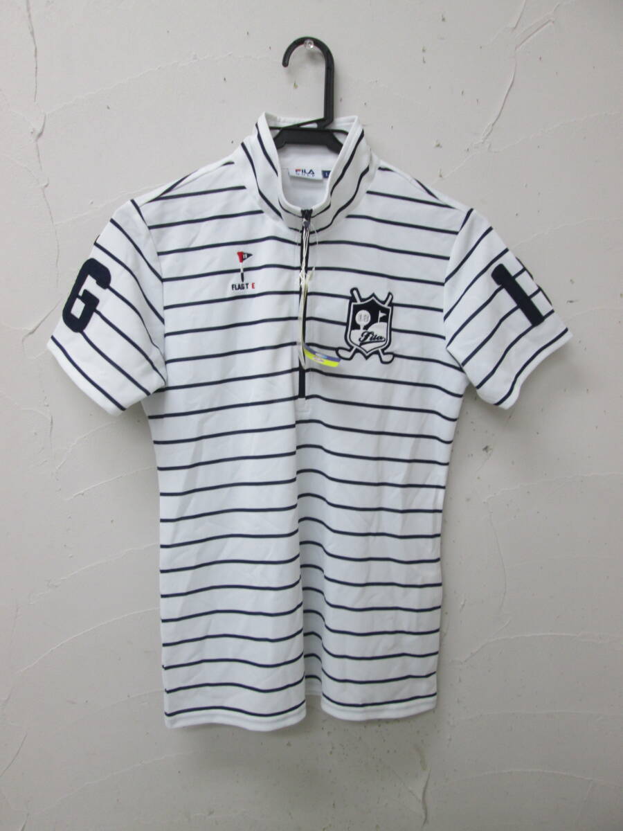 (21)♪FILA GOLF フィラゴルフ レディース 半袖 ハーフジップ ボーダー サイズL ホワイト×ネイビー (インナー欠品) タグ付き 未使用