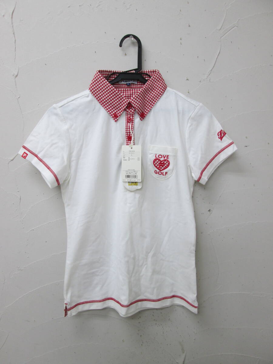 (21)♪FILA GOLF フィラゴルフ レディース 半袖 ポロシャツ サイズL ホワイト×レッド タグ付き 未使用