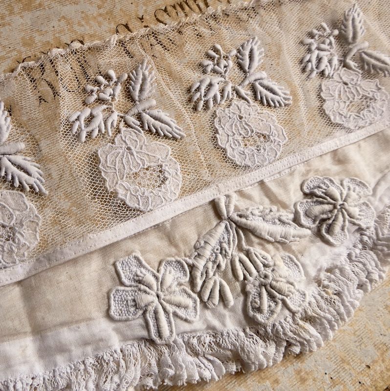 2枚 フランス アンティーク 手刺繍 生地 レース ボネ コアフ ドレスピース ドロンワーク 素材 ハンドメイド 材料 リメイク 装飾 ドール衣装
