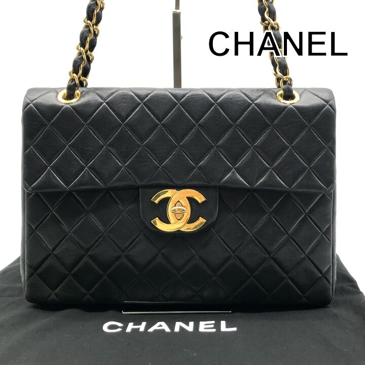 良品 CHANEL シャネル デカ ココマーク マトラッセ ターンロック ラムスキン チェーン ショルダー バッグ ブラック レディース k7629