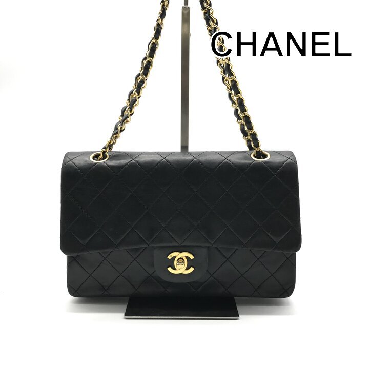 良品 CHANEL シャネル マトラッセ25 ココマーク ダブルフラップ ダブルチェーン ショルダー バッグ ラムスキン ブラック レディース k7628