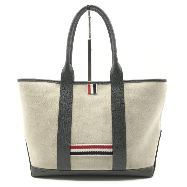 良品 THOM BROWNE トムブラウン ダブルフェイス レザー キャンバス スモール トート ハンド バッグ 肩掛け ユニセックス グレー k7757