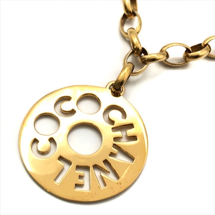 良品 CHANEL シャネル ラウンド ロゴ プレート レディース アクセサリー チェーン ネックレス ゴールド k3754