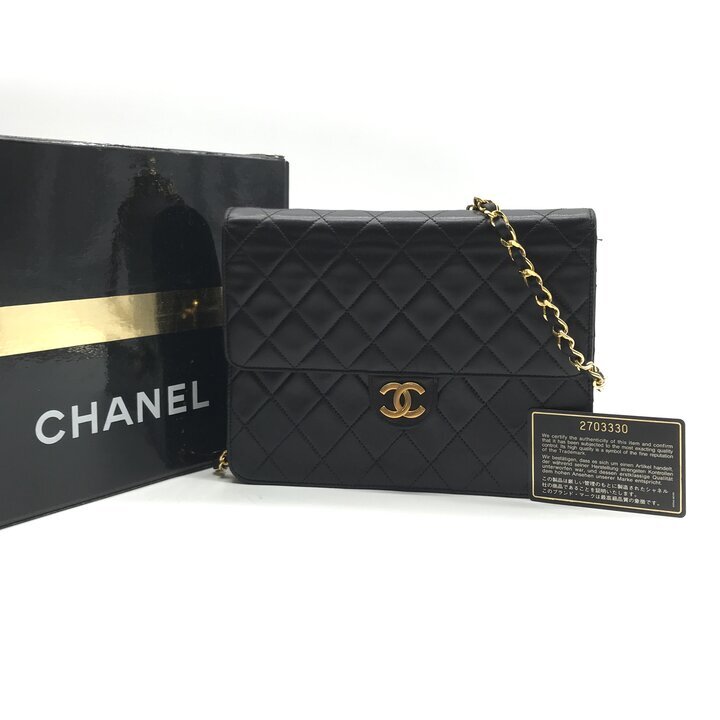 良品 CHANEL シャネル ココマーク マトラッセ プッシュロック ラムスキン レザー チェーン ショルダー バッグ ブラック レディース a12577