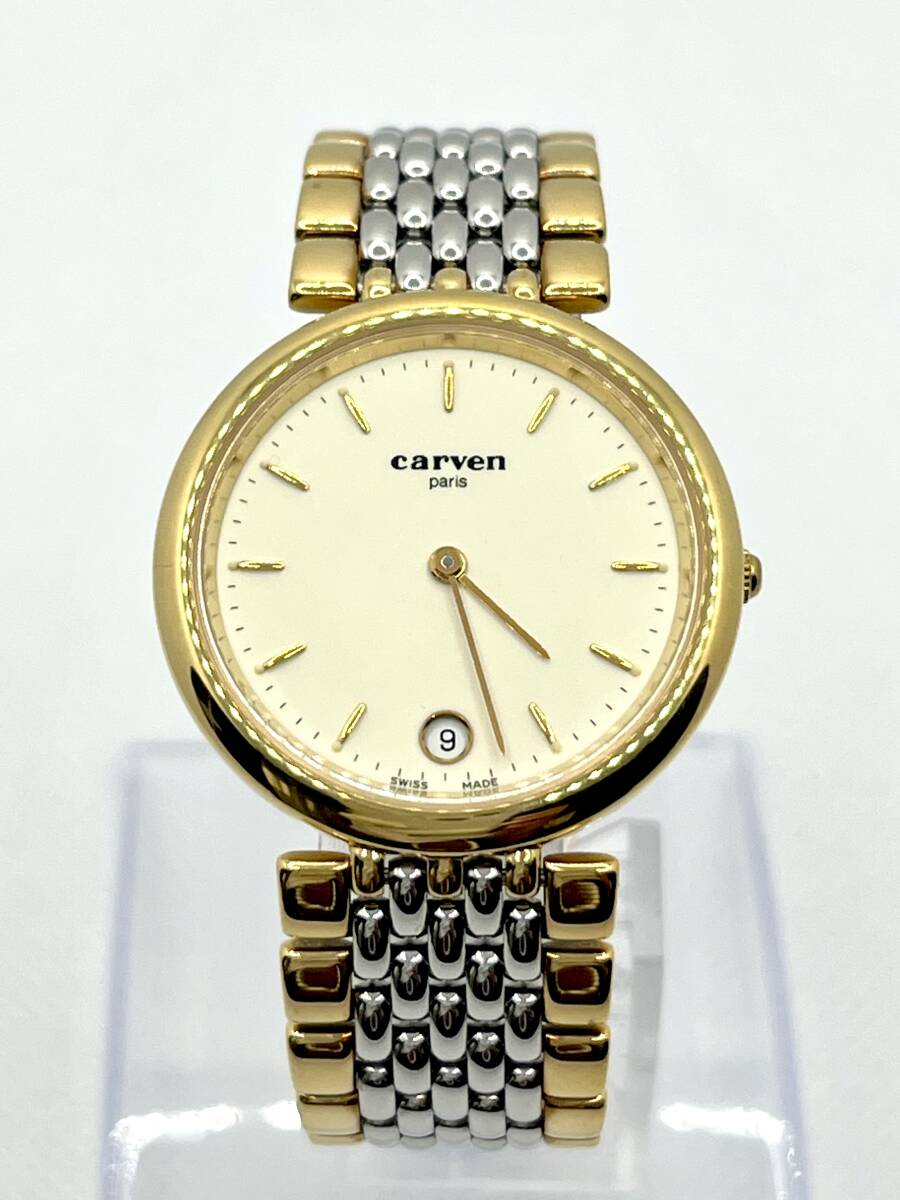 稼働品 CARVEN カルヴェン 腕時計 デイト スイス製 ゴールド×シルバー コンビカラー 38-513