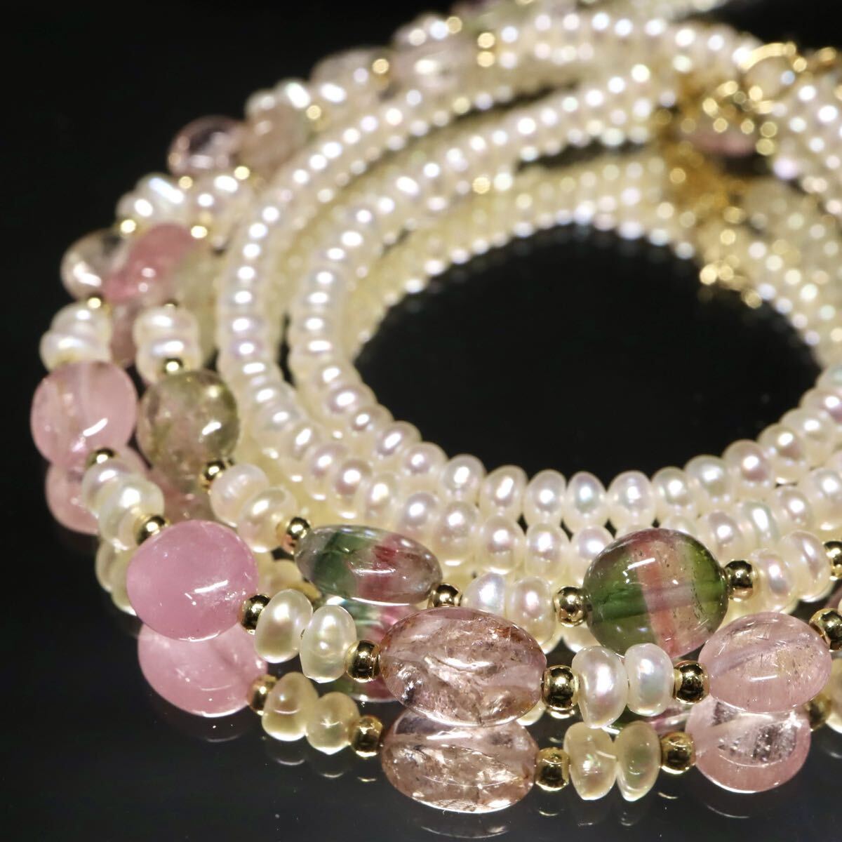 【セット売り】◆天然トルマリン付き!!本真珠ネックレス2点おまとめ◆A 約16.1g pearl パール necklace jewelry ジュエリー DF0/ WY124