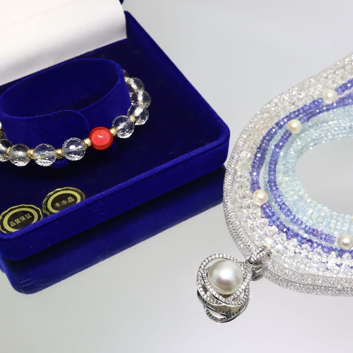 K18/K18WG/南洋白蝶付入り!!◆天然石ネックレス4点&ブレスレット1点おまとめ◆A 約62.7g クォーツ タンザナイト アクアマリン EA9/EB3 W565