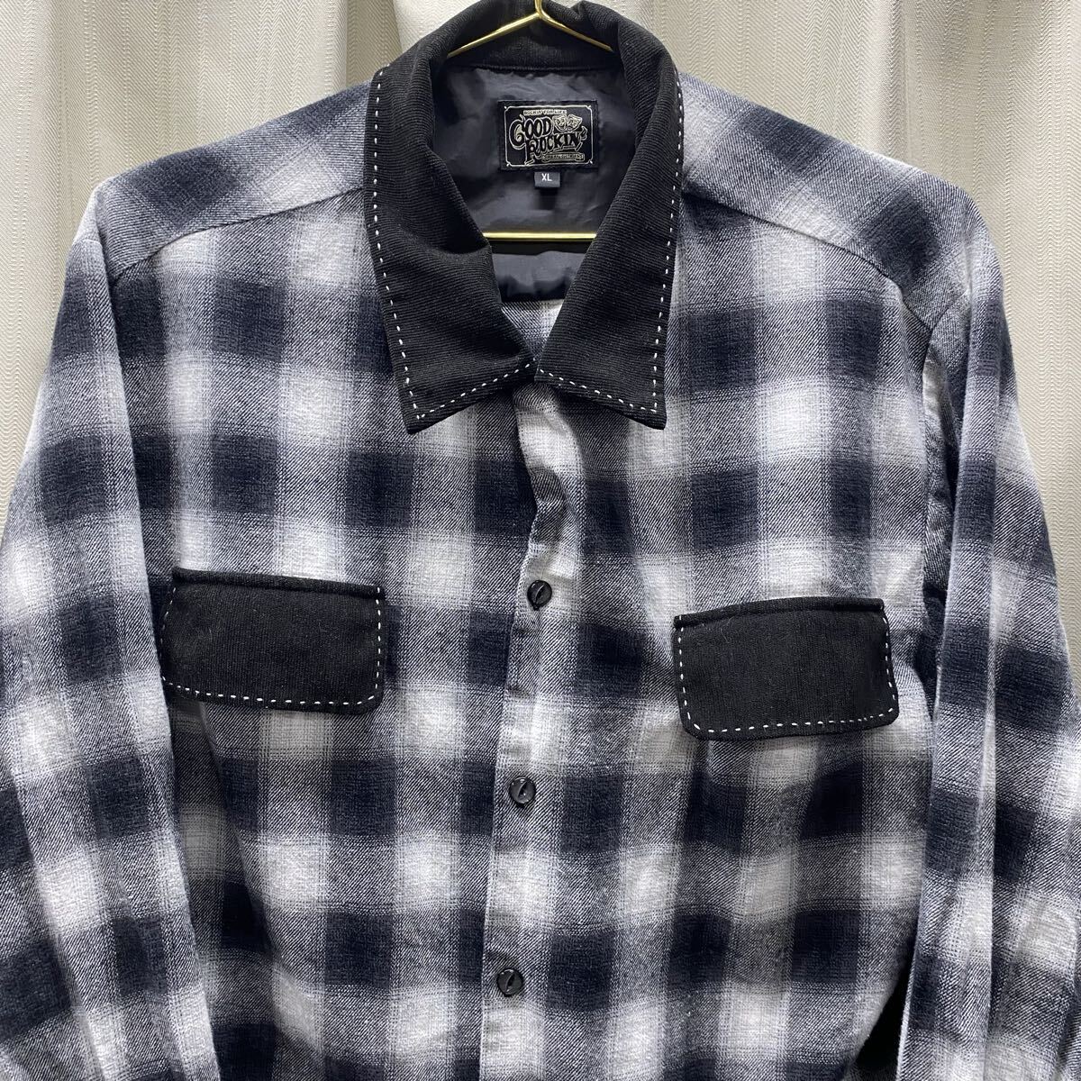 【現行品】GOOD ROCKIN グッドロッキン　チェックシャツ　長袖 オンブレチェック　ロカビリー　ステッチ　ブラック　X L メンズ　F106