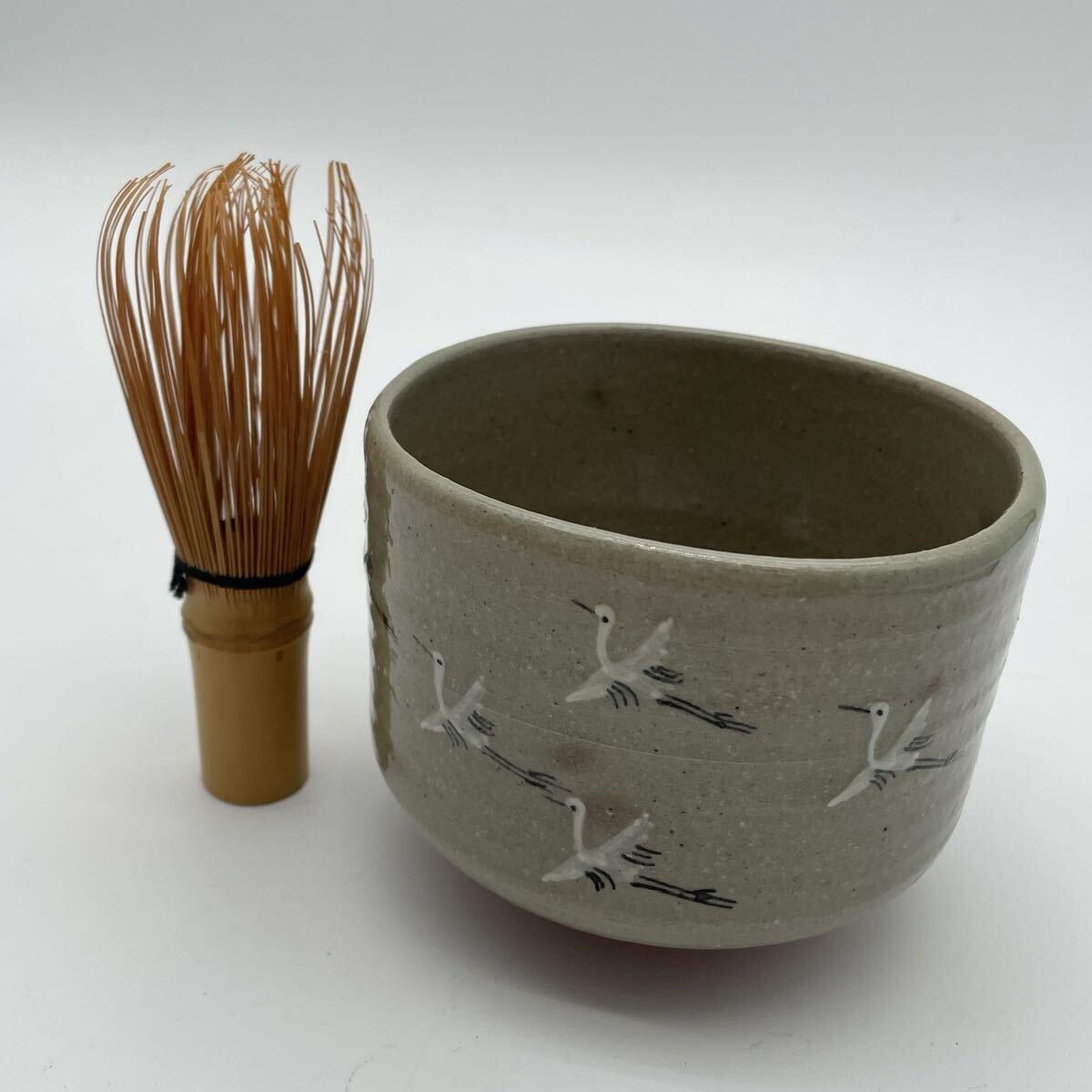 【阿漕焼】あこぎ窯 福森比呂志 茶道具 茶碗 茶器 抹茶碗 在銘 鶴の旅立ち あこぎ焼 阿漕窯 筒茶碗 茶筌 茶筅 セット ②