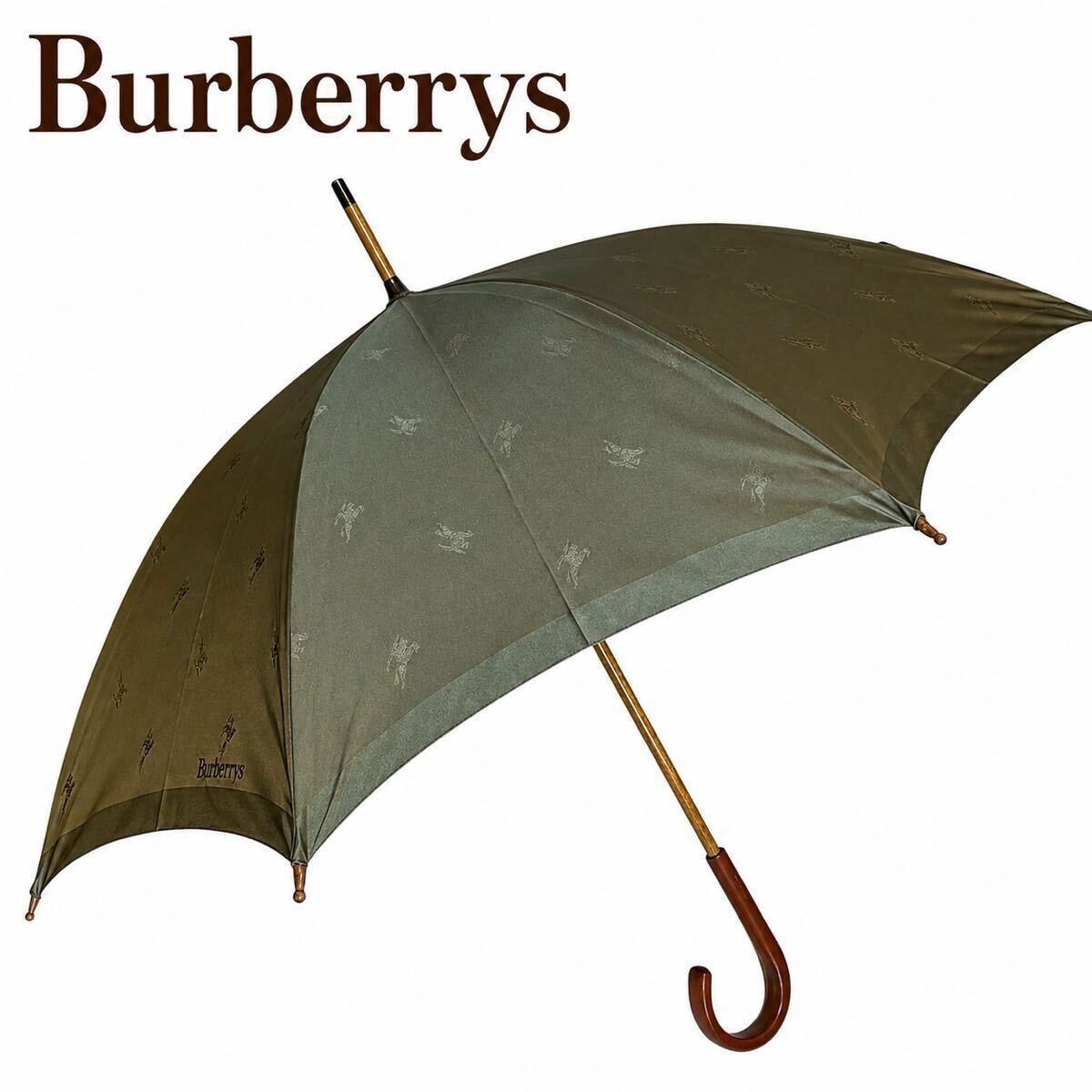 【Burberrys】 長傘 雨傘 全長88cm 直径100cm アンブレラ ヴィンテージ ホースロゴ総柄 雨具 日本製 木製ハンドル 旧ロゴ 専用カバー付き②