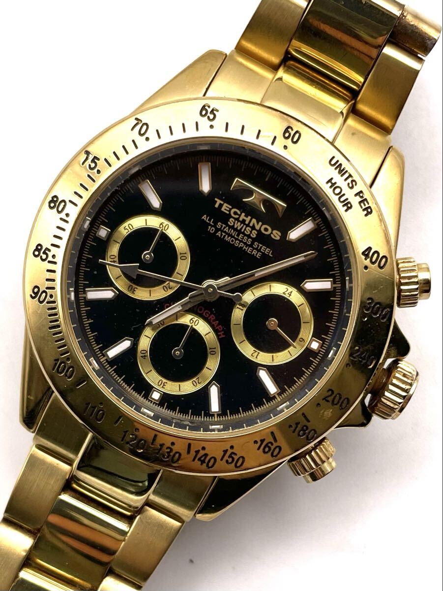 約39mm 現状品　TECHNOS テクノス クロノグラフ クォーツ 黒文字盤　T4006 ゴールド ラウンド 腕時計　電池式 QZ ②