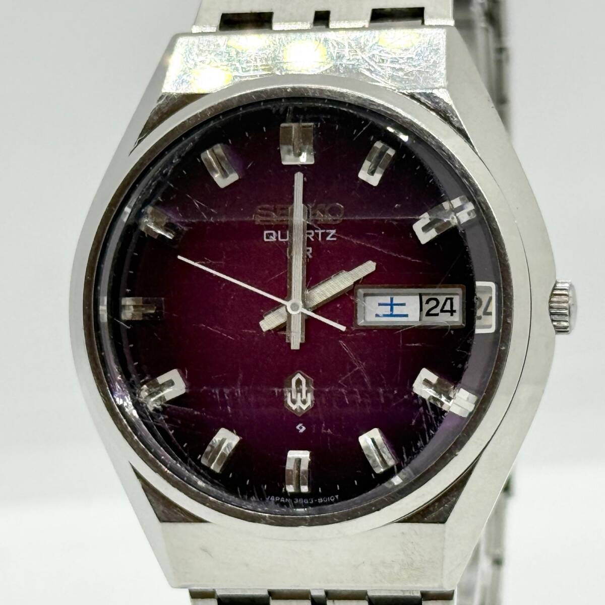 SEIKO セイコー カットガラス デイデイト パープル QZ メンズ 腕時計 稼働品 3863-8010