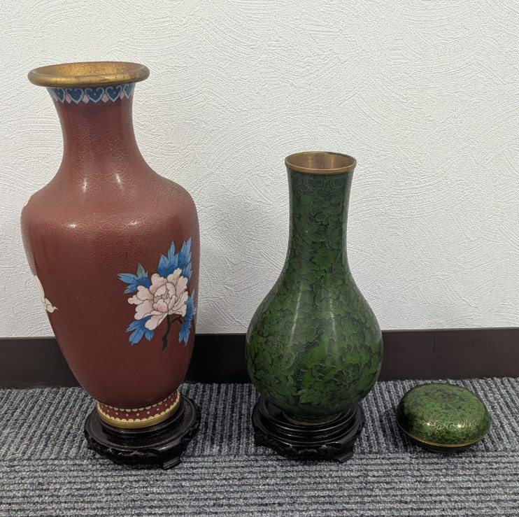 B-02523N 七宝焼 花瓶 小物入れ 3点 詳細不明 現状品 保管品 インテリア 置物 一部台座付き 美術 