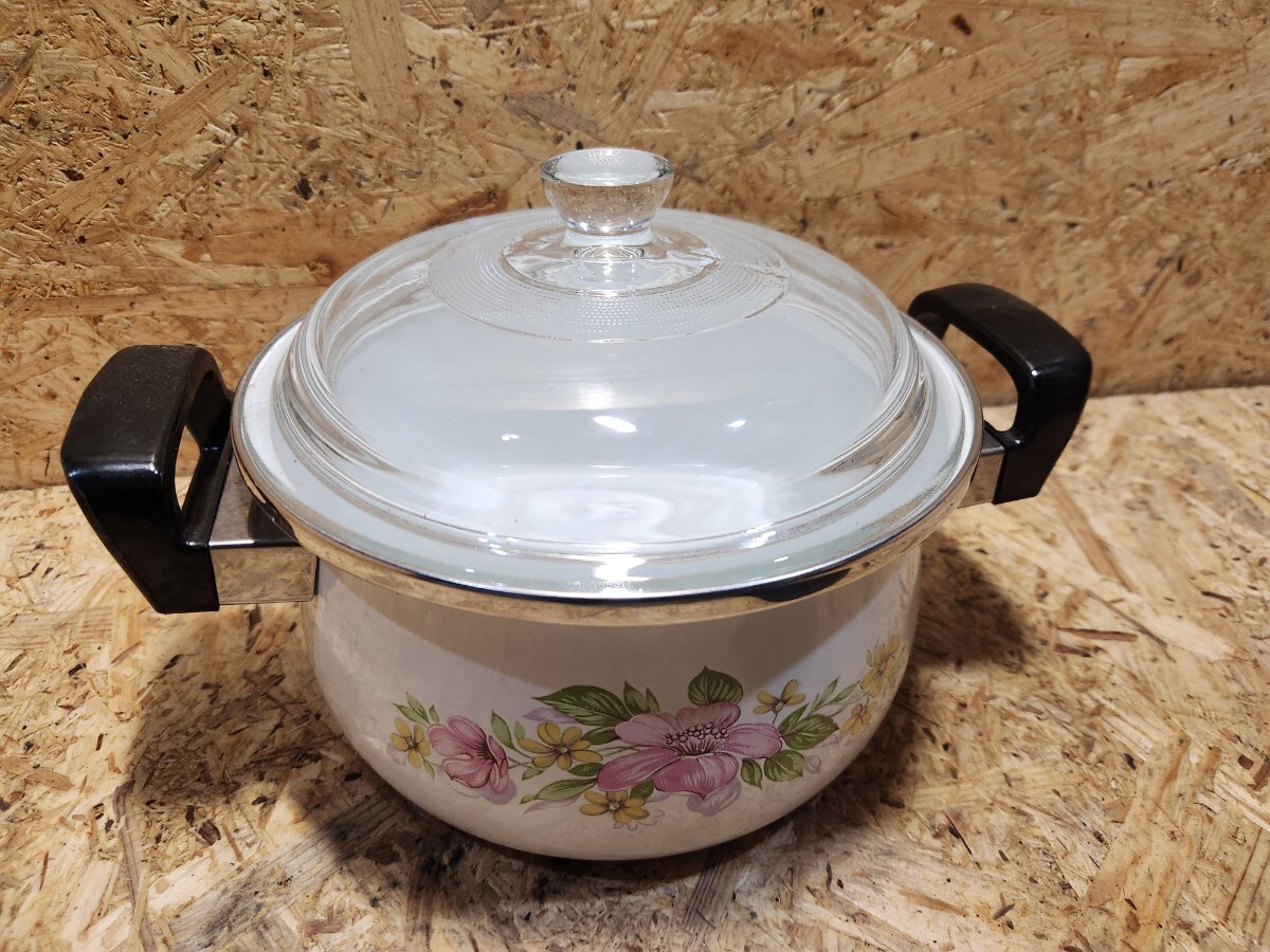 両手鍋 鍋 ホーロー ホーロー鍋 ガラス蓋 昭和レトロ 花柄 調理器具 調理用器具 HY