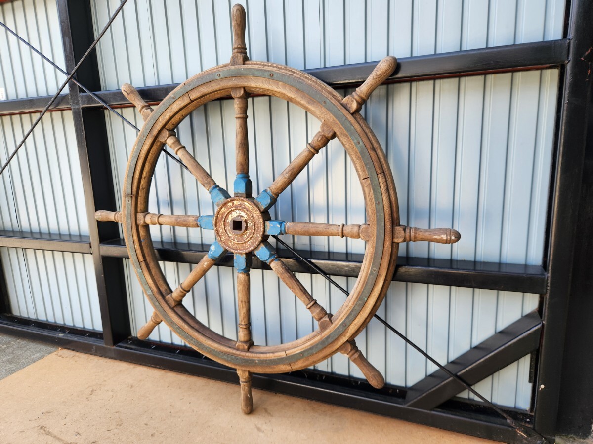 操舵輪 船舵 船輪 木製 1220mm ビンテージ ハンドル アンティーク インテリア オブジェ BAR バー 酒場 レトロ　カフェ お酒 船 M