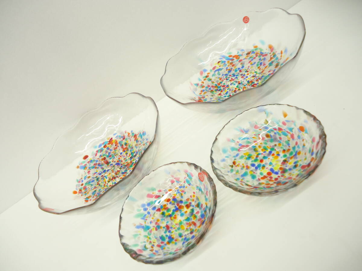 4153 食器祭 未使用 津軽びいどろ 中皿 小皿 4枚セット メイドインジャパン 伝統工芸品 