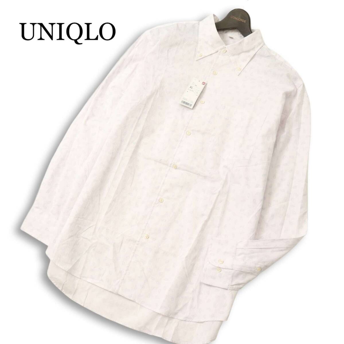 【新品 未使用】 UNIQLO ユニクロ 通年★ 長袖 ペイズリー ドビープリント ボタンダウン シャツ Sz.XL メンズ 大きいサイズ