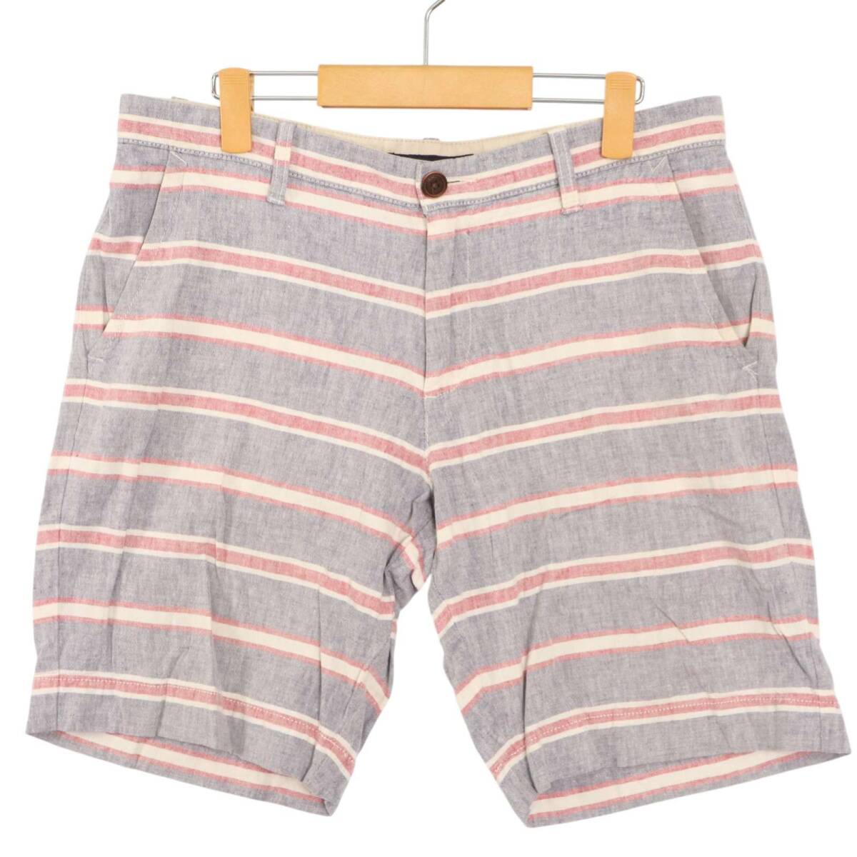 TOMMY HILFIGER トミーヒルフィガー 春夏 ロゴ刺繍★ CUSTOM FIT 麻 リネン ボーダー ハーフ ショート パンツ Sz.34 メンズ