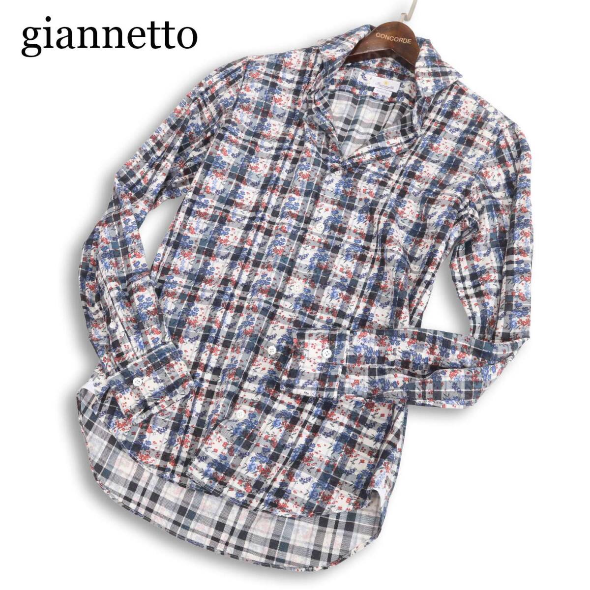 イタリア製★ giannetto ジャンネット 花柄 フラワー総柄×チェック★ 長袖 ホリゾンタルカラー シャツ Sz.15/38 メンズ