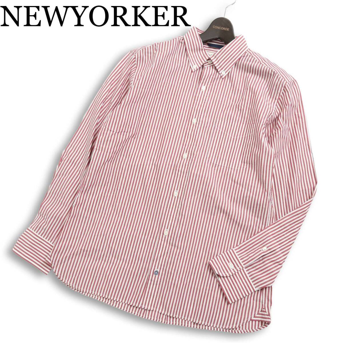 NEWYORKER ニューヨーカー 通年 コットン100％★ 長袖 オックスフォード ストライプ ボタンダウン シャツ Sz.L メンズ 赤系