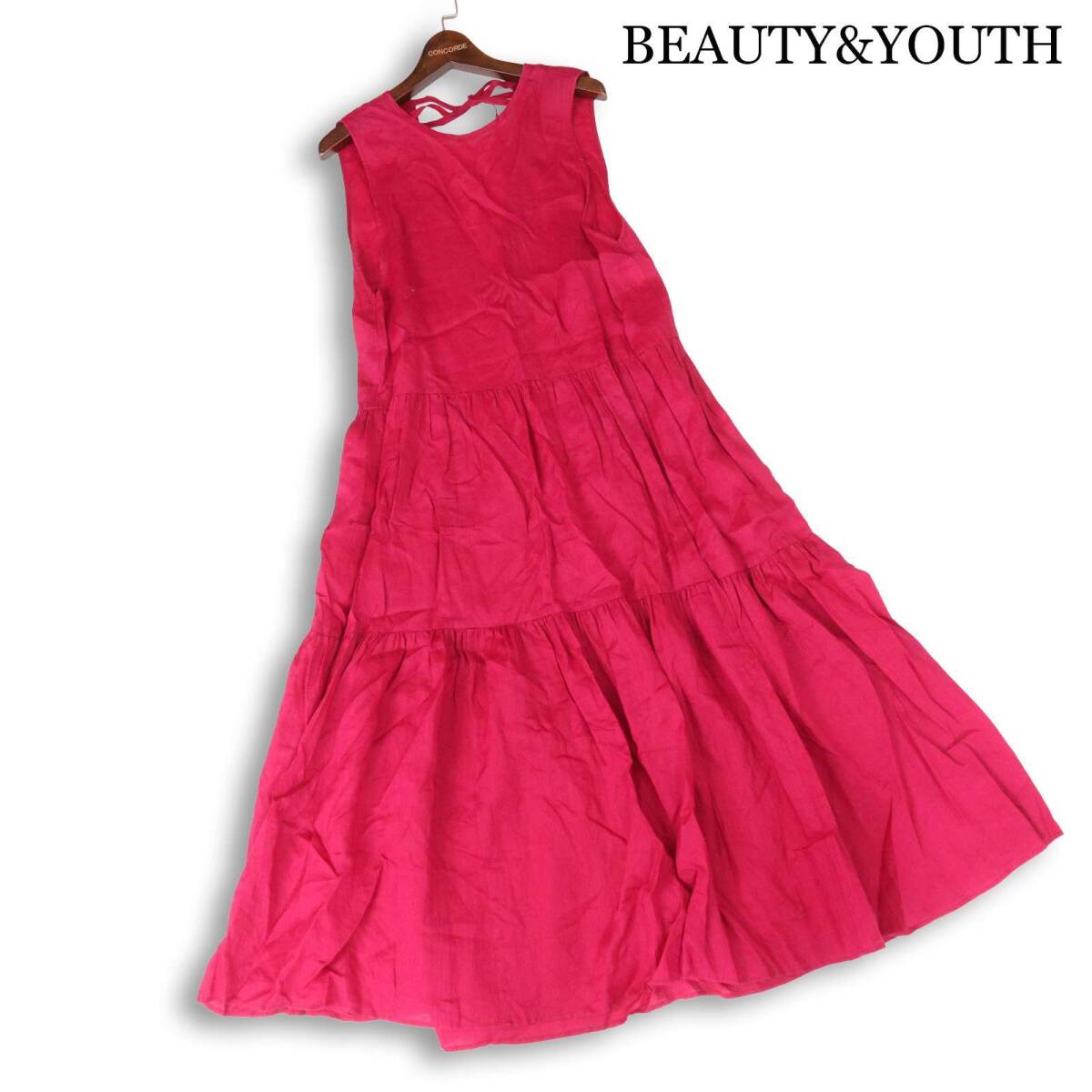 BEAUTY&YOUTH ユナイテッドアローズ 春夏 麻100%★ ラミー ノースリーブ ティアード マキシワンピース Sz.F レディース