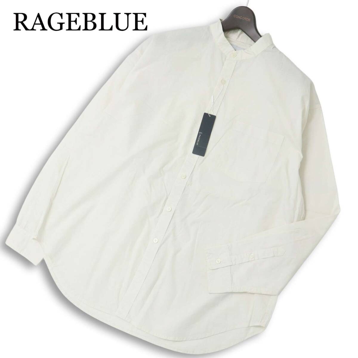 【新品 未使用】 RAGEBLUE レイジブルー 通年★ 長袖 オーバーサイズ セミロング バンドカラー シャツ Sz.M メンズ 白