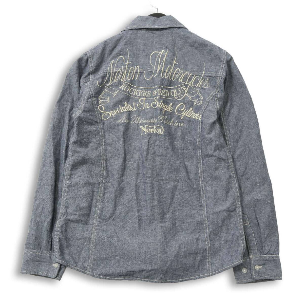 Norton ノートン 春夏★ 麻 リネン 長袖 バック刺繍 ロゴ刺繍 シャンブレー ウエスタン シャツ Sz.M メンズ バイク