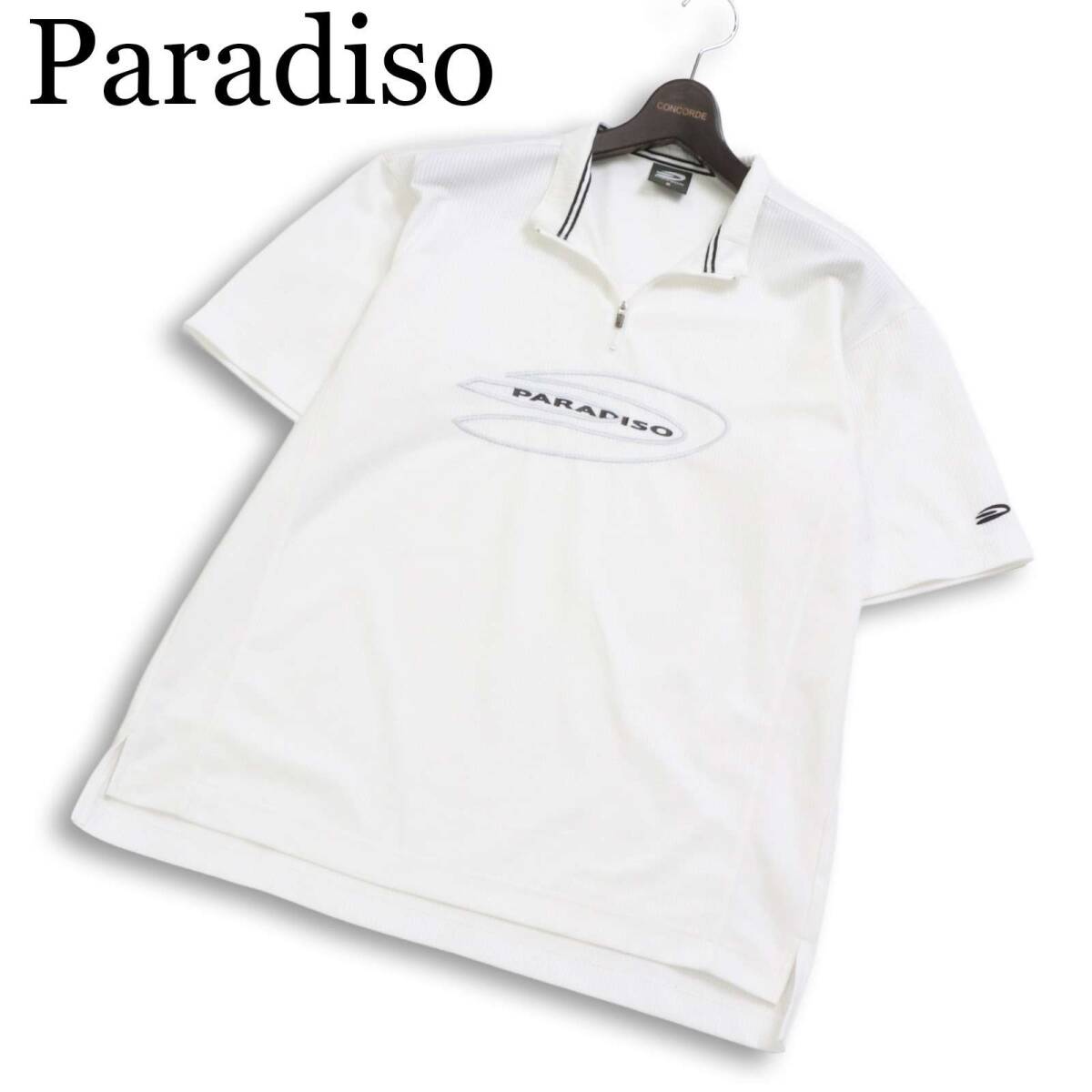 Paradiso パラディーゾ ゴルフ 春夏★ 半袖 ハーフジップ ロゴ刺繍 チェック ポロシャツ Sz.M メンズ 白