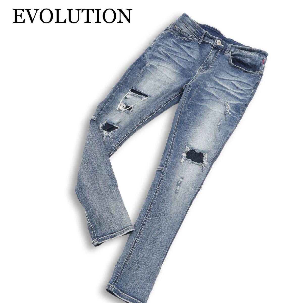 EVOLUTION エボリューション クラッシュ ダメージ リペア加工★ ストレッチ スキニー デニム パンツ ジーンズ Sz.M メンズ