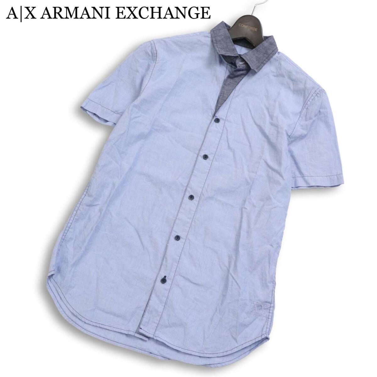 A|X ARMANI EXCHANGE アルマーニ エクスチェンジ 春夏コットン100％★ 半袖 ロゴ刺繍 切替 ボタンダウン シャツ Sz.S メンズ