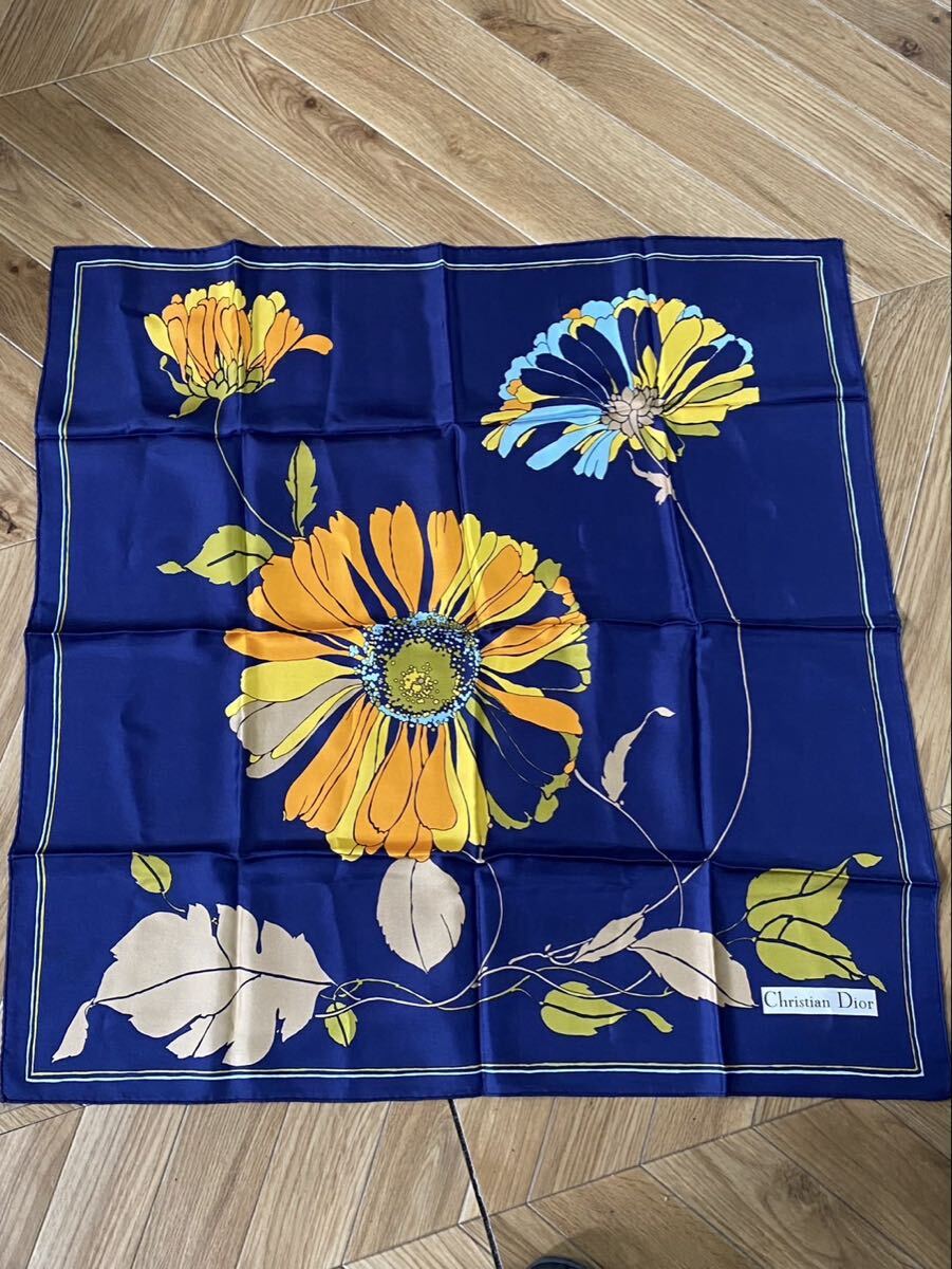 美品 クリスチャンディオール Christian Dior スカーフ レディース 花柄 青 ys021303