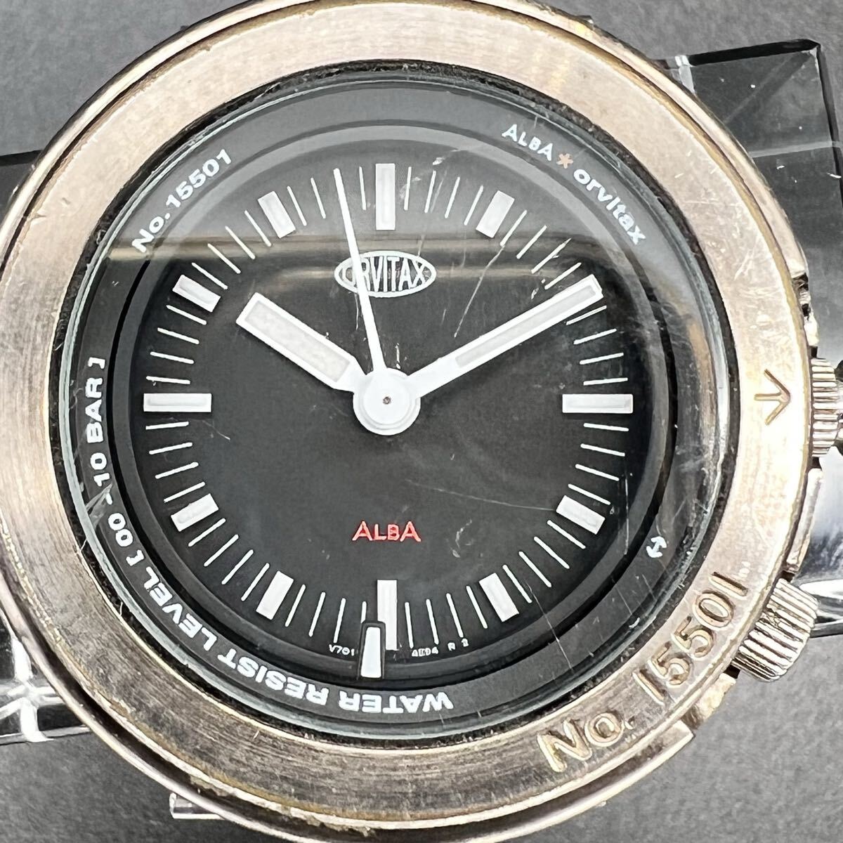 動作未確認 ALBA アルバ 腕時計 本体のみ ORVITAX オービタックス V701-2K10 黒文字盤 ツナ缶 b4-94