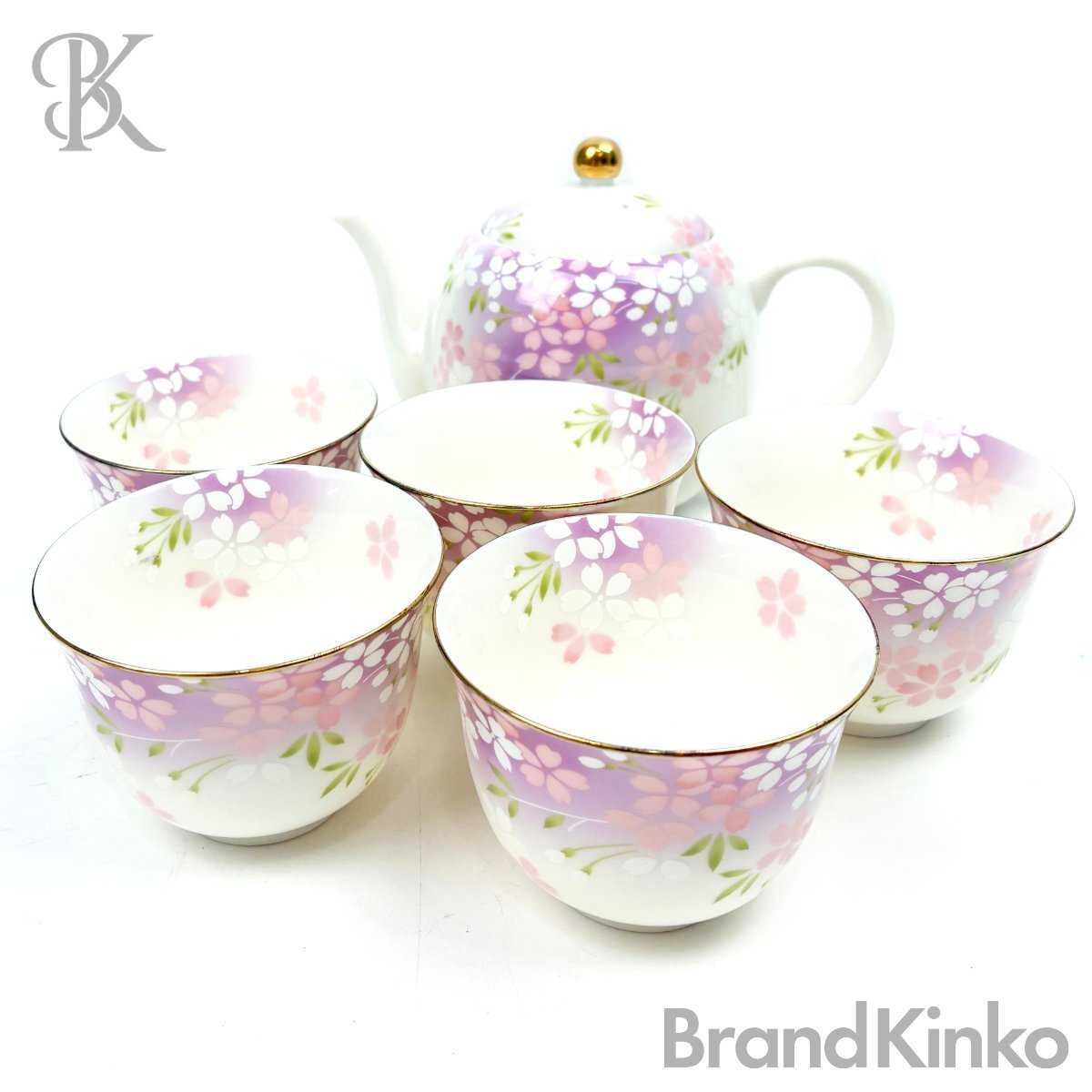 長期保管品 宇野千代 優美 1301 ポット茶器 UC-8037 湯呑×5客 花柄 ピンク系 食器 カップ 急須 茶器 中古 ＃