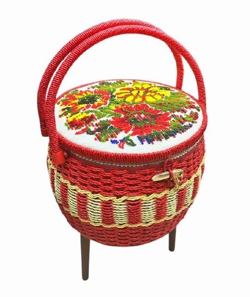 [ZEROnet] 昭和レトロ ソーイングボックス 裁縫箱 小物入れ アンティークバスケット 脚付き 花柄 赤 白 裁縫道具 収納箱 ％H84-20
