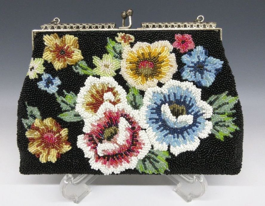 [ZEROnet] ビーズバッグ ハンドバッグ がま口 バッグ 鞄 黒 総柄 ポーチ パーティー 小物入れ 着物 和装 洋装 アンティーク #S84-01