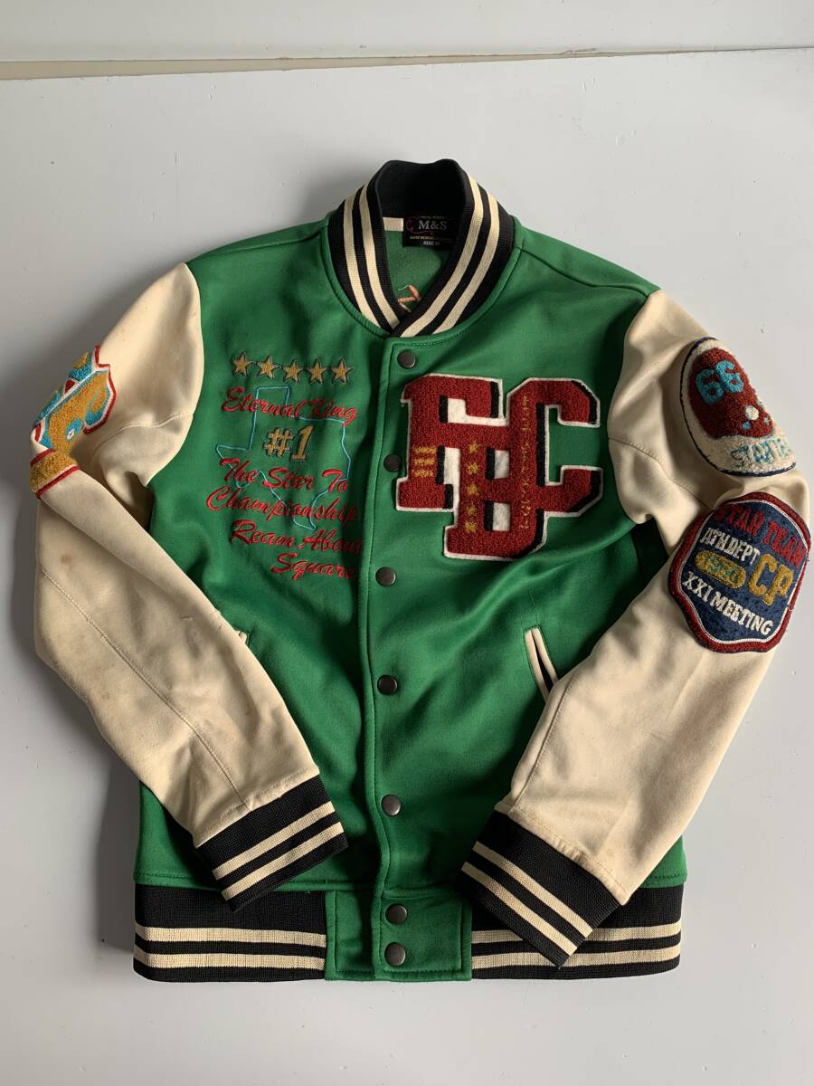 ⑪t253◆M&S エムアンドエス◆スタジャン ワッペン刺繍 グリーン 袖レザー調 スタジアムジャンパー メンズ SIZE38 古着 アメカジ