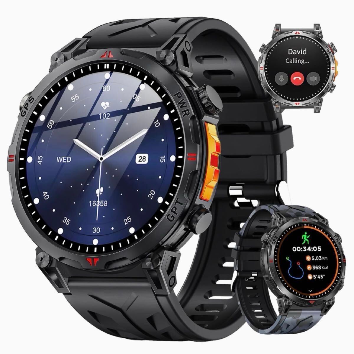スマートウォッチ 軍用規格 大画面 3ATM防水 Bluetooth 通話 メッセージ通知 ChatGPT AI音声 2種バンド 替えベルト 耐衝撃 メンズ ブラック