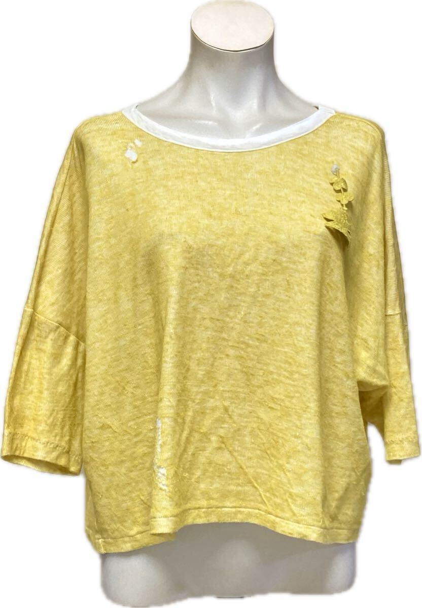 ★ミナペルホネンmina perhonen waferリネンコットンニットカットレイヤーTシャツ★イエロー★コサージュ付き