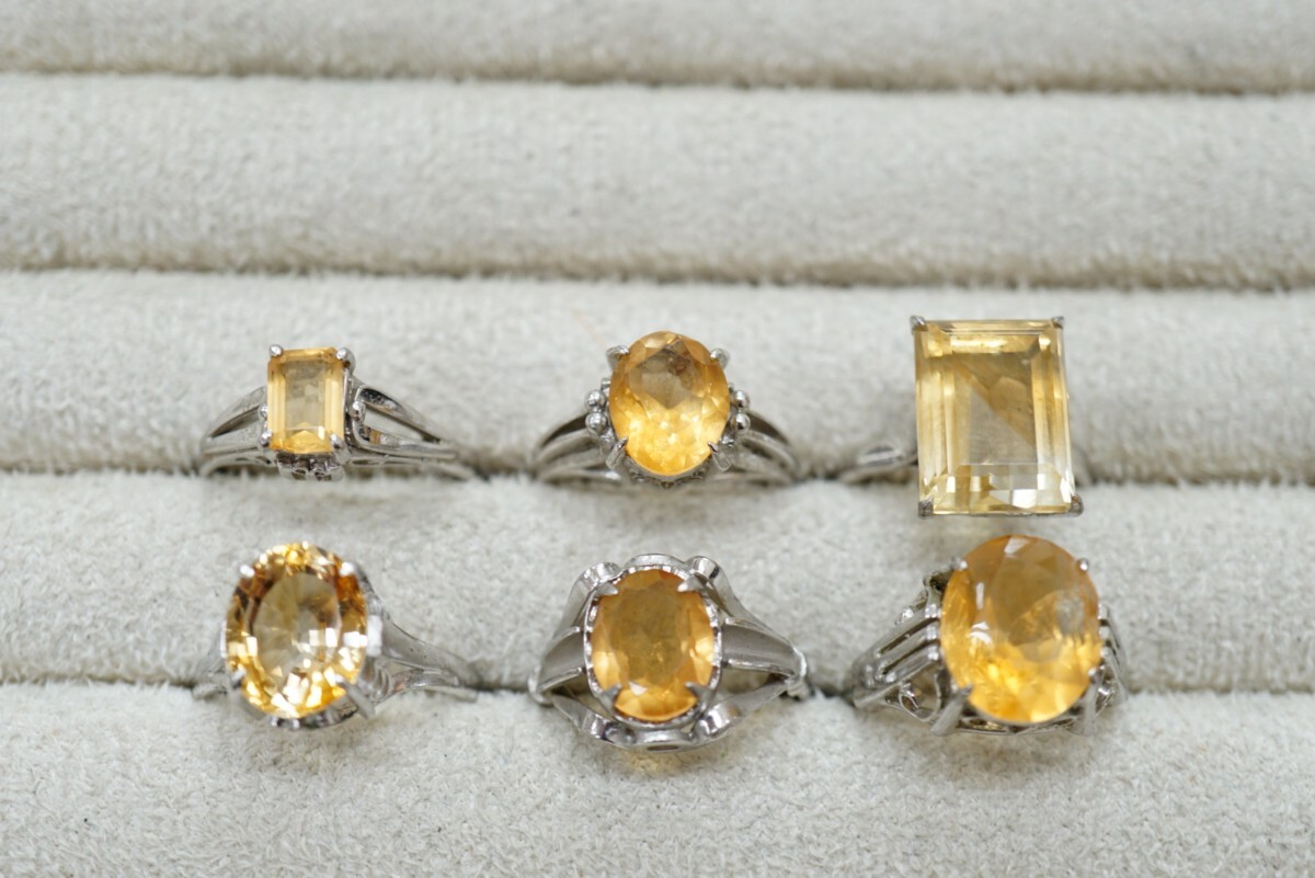 B484 シトリン カラーストーン リング 指輪 6点セット ヴィンテージ アクセサリー 大量 まとめて おまとめ まとめ売り 色石 SILVER含む