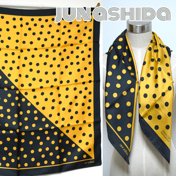 jun ashida■未使用ロゴ入りドット柄大判シルクスカーフ イエロー×ブラック　ジュンアシダ