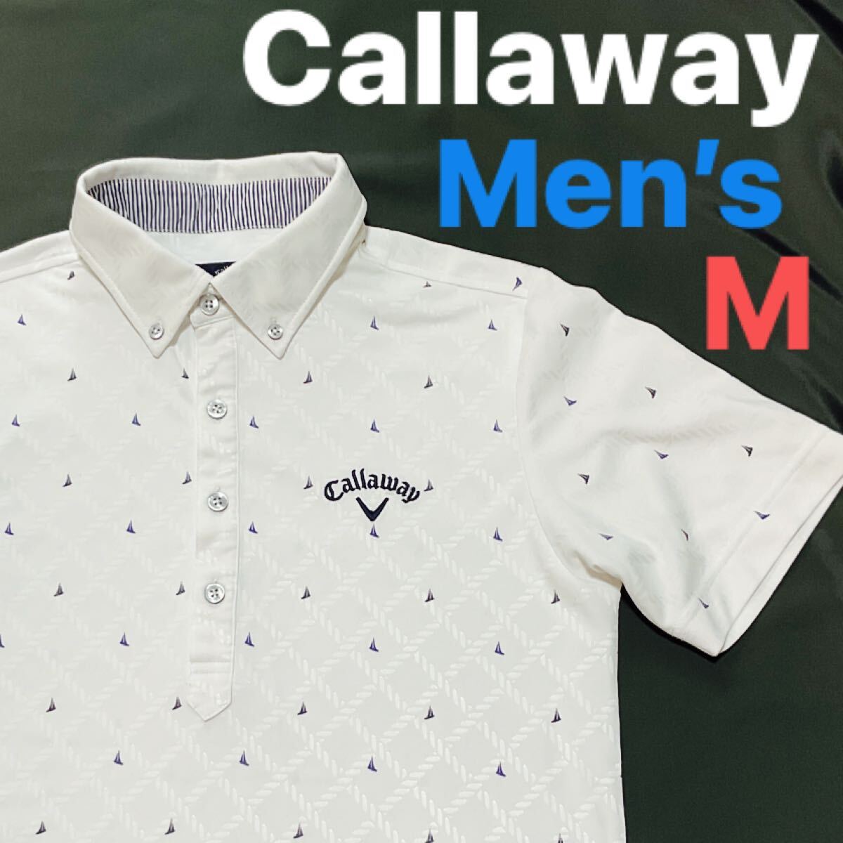 【超美品】Callaway キャロウェイ メンズM ゴルフポロシャツ ゴルフウェア 半袖ポロシャツ ロゴ刺繍 総柄 ゴルフウェア 半袖 ホワイト