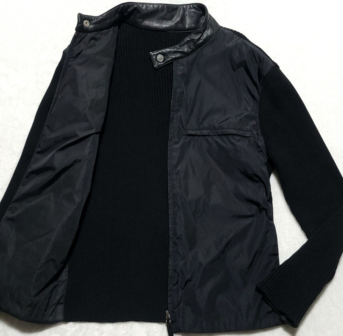 美品/L ■GUCCI ブルゾン ジャケット ライダース レザー 牛革 ニット 異素材 切替 ジップアップ トムフォード期 グッチ メンズ 黒 ブラック