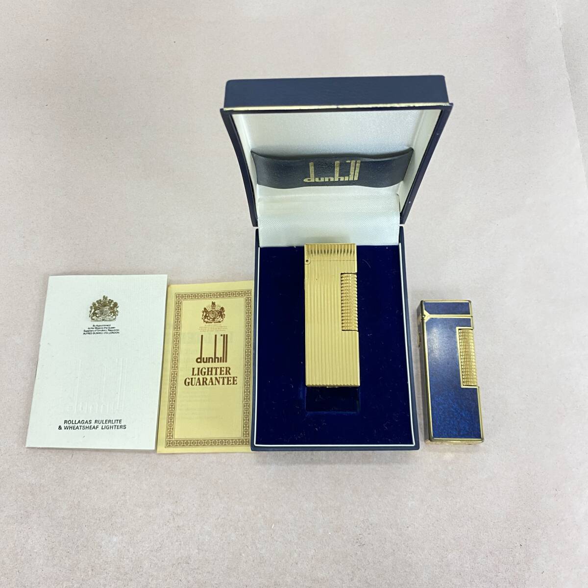 『TJ18』Dunhill　ダンヒル　ライターｘ2　スクエアー型　ゴールドカラー/ネイビーカラー　火花無し　一部箱付き　ヴィンテージ品　現状品
