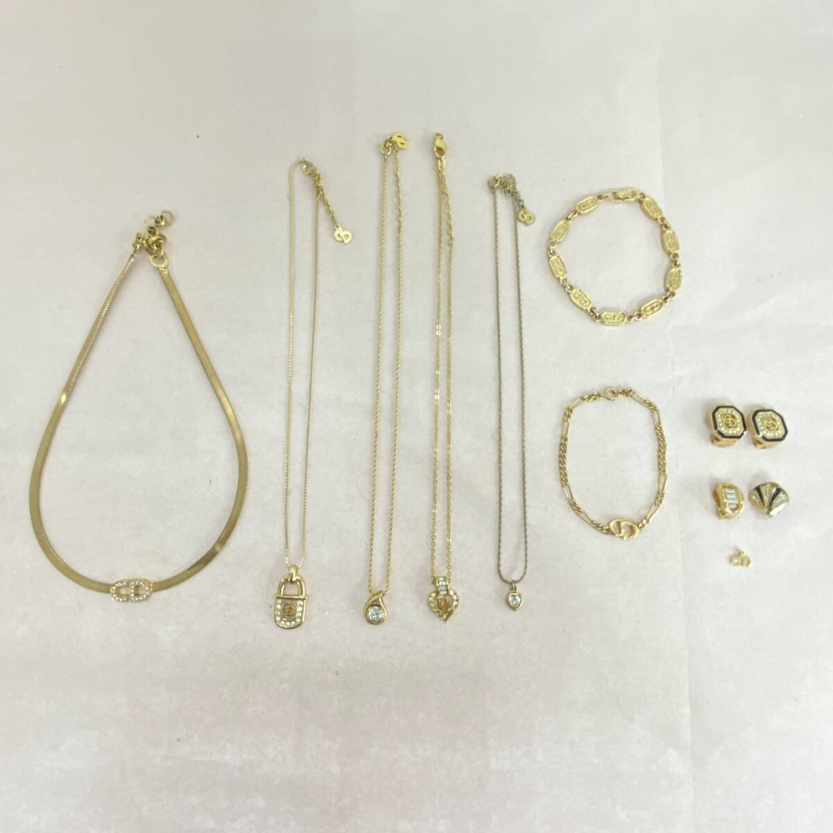 『KG5』Christian Dior　クリスチャンディオール　アクセサリー　ネックレスｘ5/ブレスレットｘ2/イヤリングｘ2　ゴールドカラー　現状品
