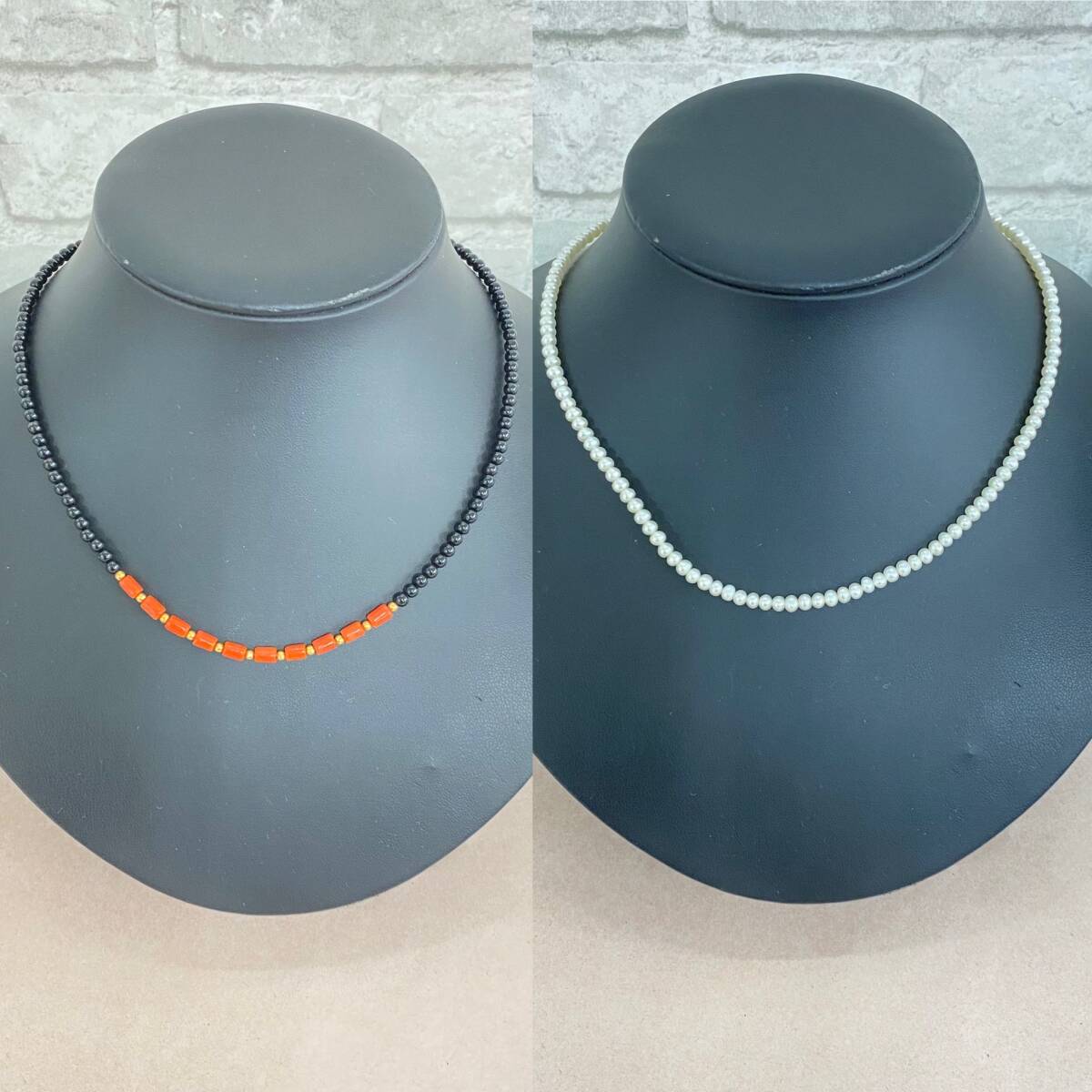 『TJ20』14K/K18刻印留め具　ネックレスｘ2　パール/天然石（オニキス/サンゴ？）約8.4ｇ/約4.7ｇ　アクセサリー　現状品