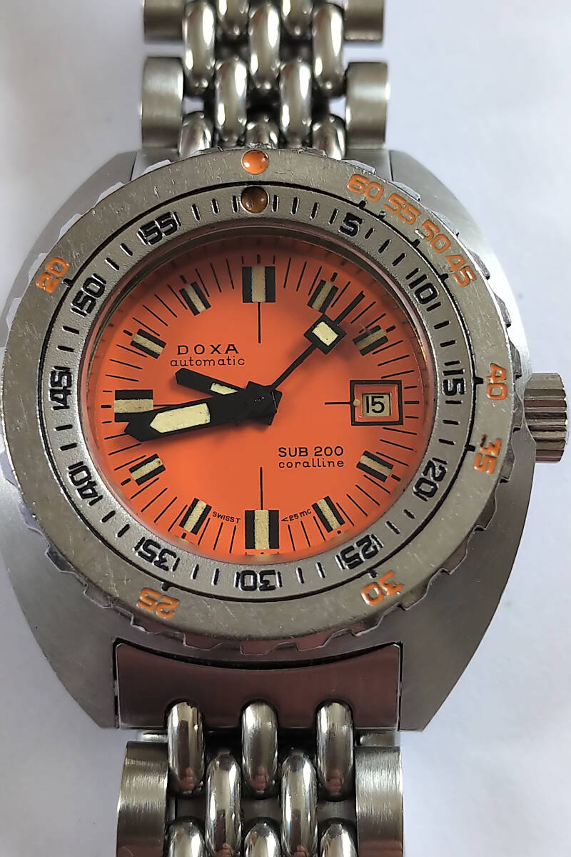 ドクサ DOXA SUB 200 33mm 自動巻き 美品 OH済み 純正エクステンションブレス付き オレンジ文字盤 70年代 ダイバー スポーツモデル