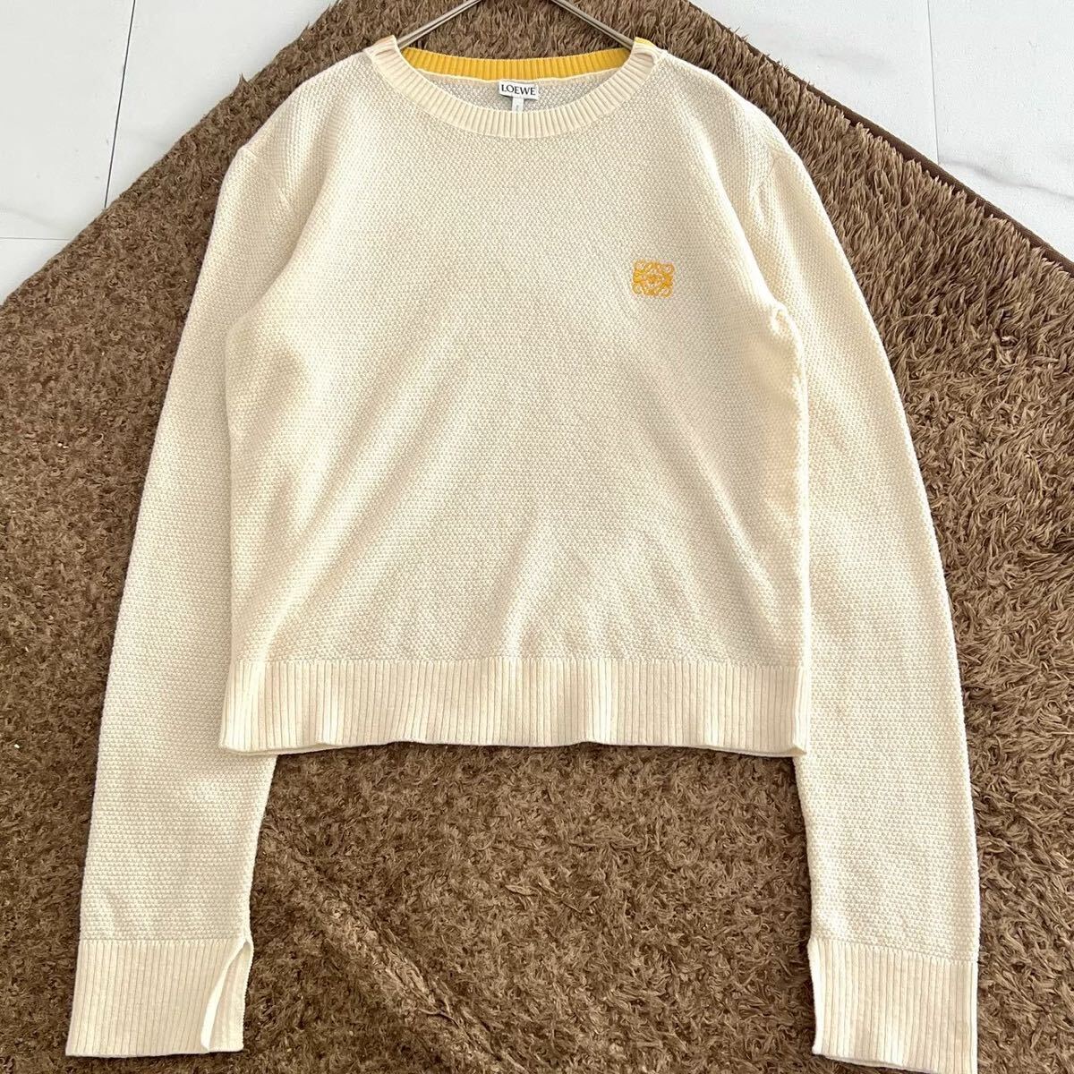 極美品◆LOEWE 長袖ニット セーター アナグラム ブランドロゴ 刺繍 ウールコットン ホワイト 白 S位 ビッグシルエット 近年モデル ロエベ